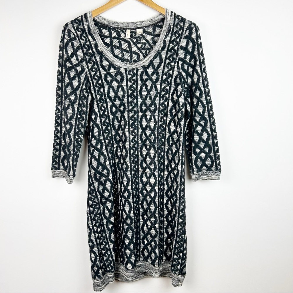 Moth Anthropologie Sweater Dress Black Gray Knit Pattern 3/4 Sleeve - Picture 2 of 12